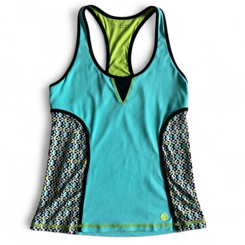 Trina Turk Racerback Tank Top Geometric Print Athletic Running Blue Green Medium